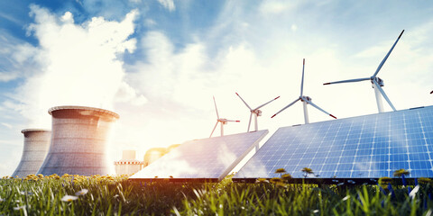 Energy mix of nuclear power plant, wind turbines and solar panels