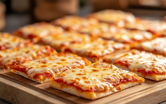 Close-up of delicious rectangular cheese pizza slices on a wooden board, perfect for food and culinary-related content.