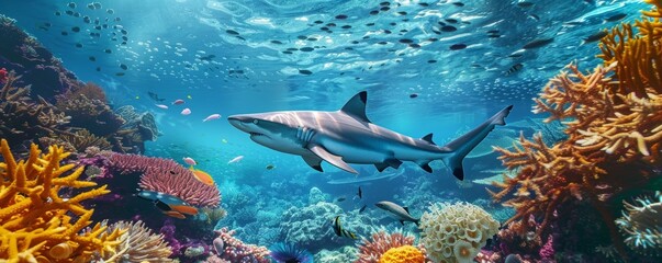 Majestic shark patrolling reef edge, 4K hyperrealistic photo