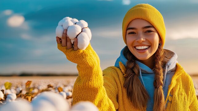 Celebrating World Cotton Day - Happy Worker in Rural Landscape with Sustainable Cotton, Realistic Style Photo