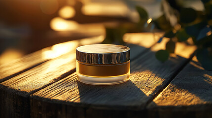 Commercial product photo of a skincare cream jar, captured with warm lighting on a wooden surface, conveying a natural and premium feel.