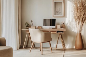 Minimalist home office with a sleek desk, a comfortable chair, and a few decorative items
