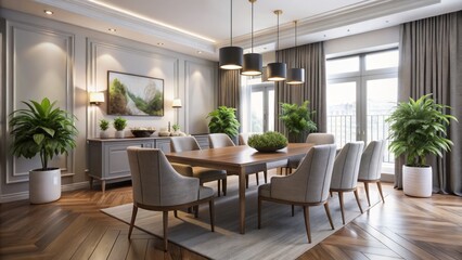 Elegant simplicity defines this dining space, with its pristine white walls, warm wood floors, and plush gray seating,