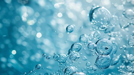 Closeup of bubbles of oxygen in transparent blue water