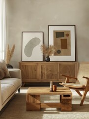 Modern home living room interior with cozy sofa and wood furniture