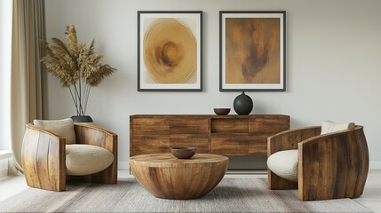 Modern home living room interior with comfortable chair and wood furniture