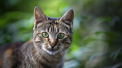 07231249 427. Scottish primate cat with expressive eyes staring into the camera, set against a blurred backdrop with space for text, highlighting animal protection themes