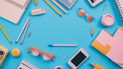 Back to School Essentials, an organized arrangement of colorful stationery, tech gadgets, and learning tools, capturing the excitement and preparation for a new academic year.