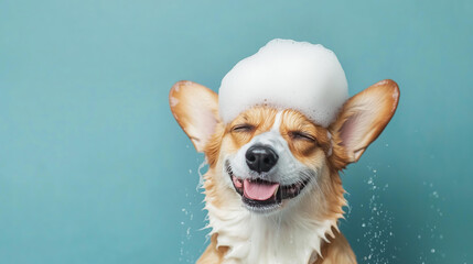 happy wet corgi dog taking bath with soap foam on his head . blue background. copy space	