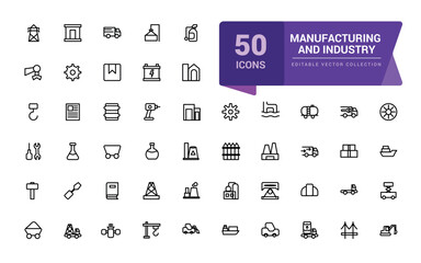 Manufacturing and industry icons set. Different kinds of engineering. Pixel perfect, minimalistic web and UI icon. Outline icon collections. Editable illustration.