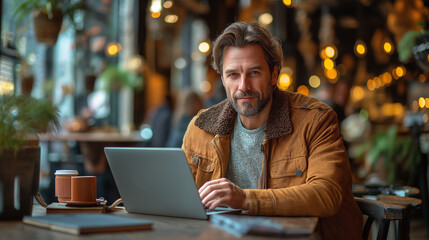 Obraz premium Concentrated ethnic man in casual clothes sitting at wooden table in modern cafe during remote project on laptop