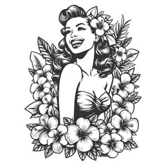 Hawaiian pin-up girl adorned with floral lei and exotic flowers sketch engraving generative ai fictional character raster illustration. Scratch board imitation. Black and white image.