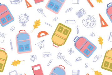 Seamless school background. Education, science concept. Back to school. Seamless pattern with school supplies doodle and flat style. Vector.