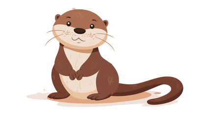 07231249 432. Cute cartoon otter sitting and holding its tail, set against a plain white background, perfect for children's illustrations or educational materials