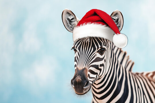 zebra wearing a Santa hat on a savanna background. Christmas animal concept. New Year and Christmas card template with copy space.
