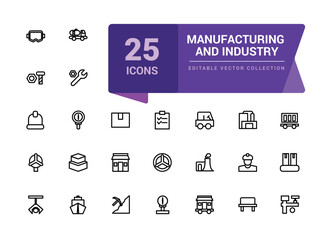 Manufacturing and industry icons set. Different kinds of engineering. Pixel perfect, minimalistic web and UI icon. Outline icon collections. Editable illustration.