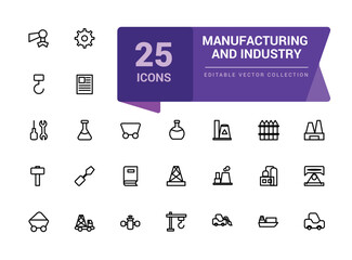 Manufacturing and industry icons set. Different kinds of engineering. Pixel perfect, minimalistic web and UI icon. Outline icon collections. Editable illustration.