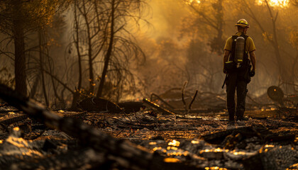 Obraz premium Firefighter in a Burned Forest