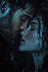 two people kissing at night, in a dark fantasy romance style. 