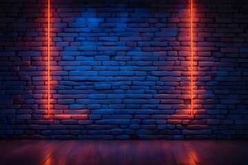 A brick wall with neon blue and orange lights creating a retro cyberpunk vibe, AI Generated