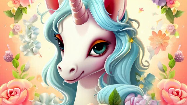 A colorful unicorn surrounded by flowers and sparkles in a fantasy setting during the daytime