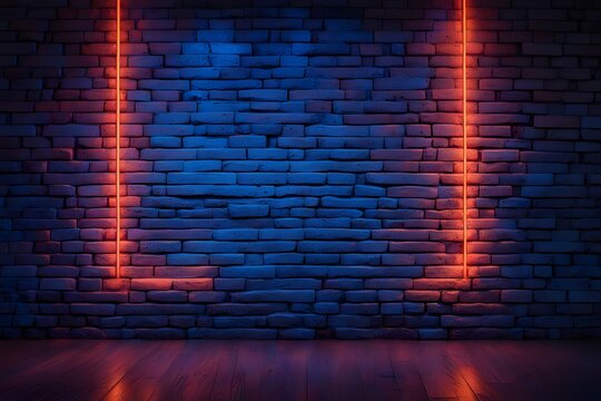 A brick wall with neon blue and orange lights creating a retro cyberpunk vibe, AI Generated