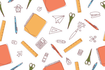 Seamless school background. Education, science concept. Back to school. Seamless pattern with school supplies doodle style. Vector.