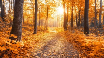 Golden Leaf Trail, a serene path in a tranquil forest, adorned with a carpet of autumn leaves, where gentle sunlight dances through the canopy of trees.