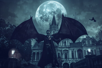 Superior Vampire in Gothic Castle Under Full Moon Dressed in an Elegant Reddish Suit for Halloween