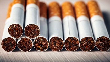 Cigarettes lined up close up, smoking 