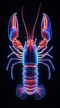 recommend clip art: A vivid neon illustration of a lobster with glowing outlines in red, blue, and pink on a black background, showcasing a bold seafood design.
                    