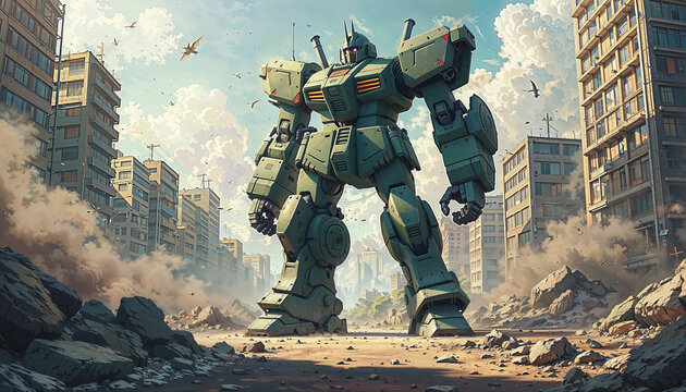 A massive anime mecha stands in a war-torn city, ready to engage in combat. The scene is intense, with smoke and debris creating a dramatic atmosphere.