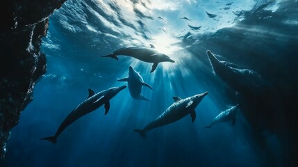 Fototapeta premium Dolphins and Whales in Harmony, a tranquil marine scene showcasing dolphins playfully swimming with majestic whales, highlighting the beauty of vibrant ecosystems and biodiversity.