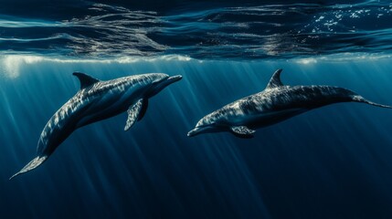 Obraz premium Dolphins and Whales in Harmony, a tranquil ocean scene showcasing the beauty of marine life, highlighting the significance of biodiversity and thriving ecosystems.