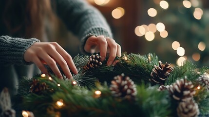 Creating a festive Christmas wreath with pinecones and greenery surrounded by warm holiday lights