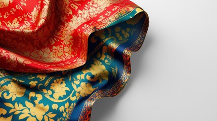 A vibrant fabric draped elegantly, showcasing intricate patterns in red and blue hues.