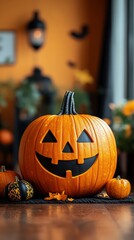Obraz premium Halloween pumpkin with a smiley face in the background of the apartment, spooky Halloween atmosphere