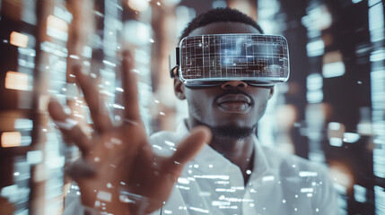 Black man wearing virtual reality glasses, reaching out to touch digital data streams floating in the air around him, with blurred city lights behind him