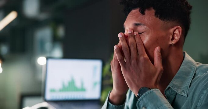 Night, stress and businessman with headache in office for eye strain, overtime and burnout of deadline. Business, data analyst and computer with graphs for cryptocurrency, fail and investment mistake - Powered by Adobe