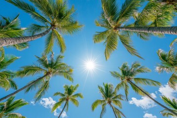 A vibrant view looking up at palm trees against a clear blue sky. The sun shines bright above. Perfect for summer vibes and tropical themes. Generative AI