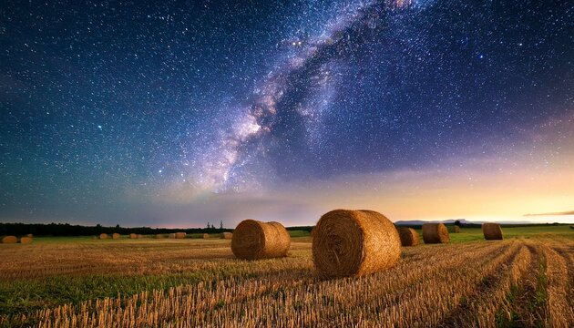Milky Way with hay bales in a field