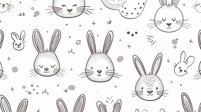 07231249 448. Kawaii-inspired seamless pattern of bunny faces, hand-drawn with fine lines on a white background, suitable for baby clothing and vector illustrations