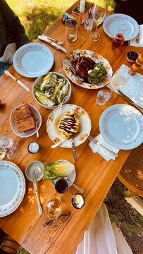 Table top shot with plates of food