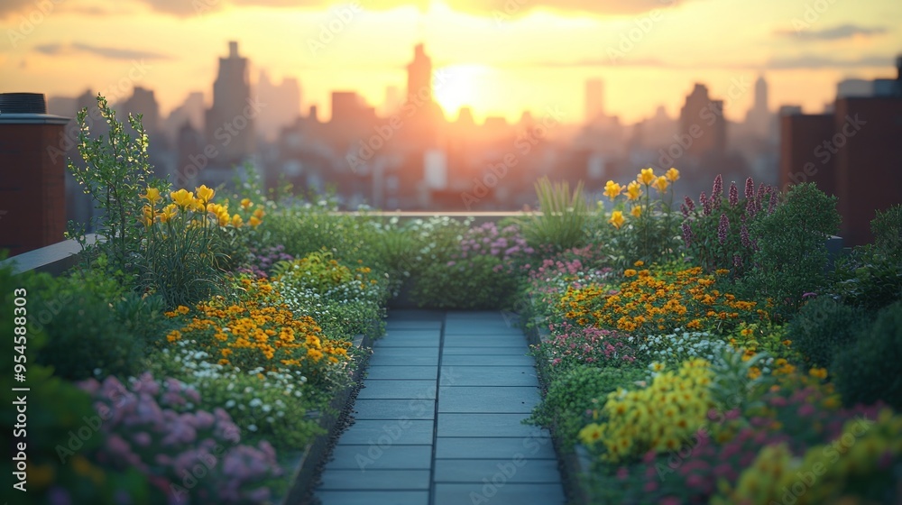 Poster Rooftop Garden at Sunset in City