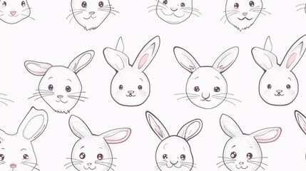 07231249 448. Kawaii-inspired seamless pattern of bunny faces, hand-drawn with fine lines on a white background, suitable for baby clothing and vector illustrations