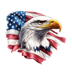 Bald eagle with American flag illustration, Powerful illustration of a bald eagle with the American flag, symbolizing patriotism, strength, and freedom in a bold and iconic design.

