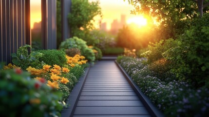 Sunset Walkway in a Rooftop Garden