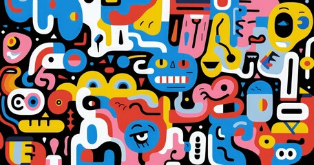 A vibrant abstract composition featuring playful shapes and faces in bold colors, evoking a sense of whimsy and creativity.