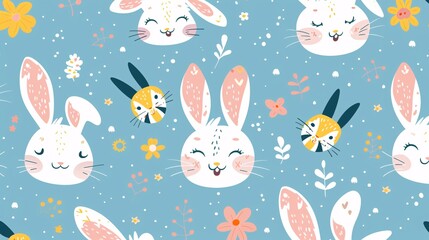 07231249 452. Adorable seamless pattern with cartoon bunnies, illustrated in a vibrant and flat style, suitable for children's fabric prints and gift wrapping paper