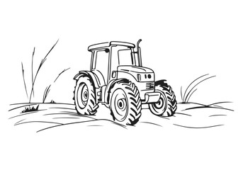 Tractor Black Sketch Line Drawing on White background. Agricultural Vehicle Vector Linear Illustration. 